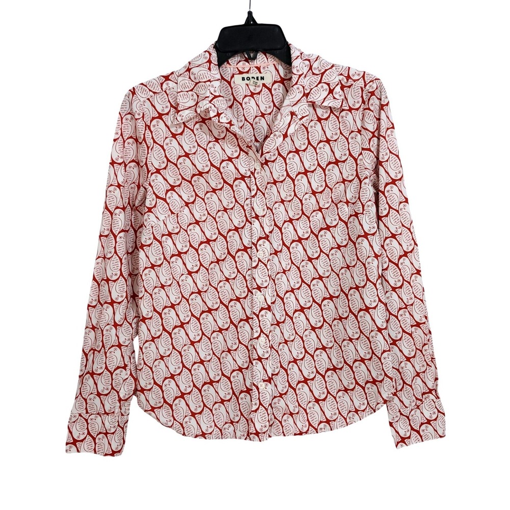 Boden Sienna Cotton Shirt Womens 6R Copper Owl Stamp Red White Button Up